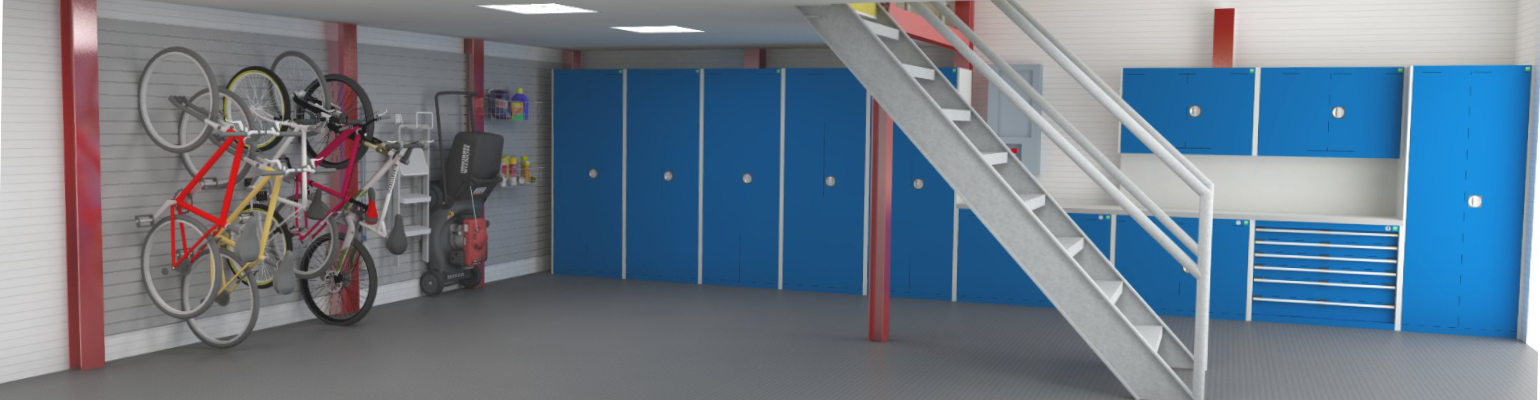 A large garage rendered design with blue storage cabinets and bikes hanging up by GaragePride